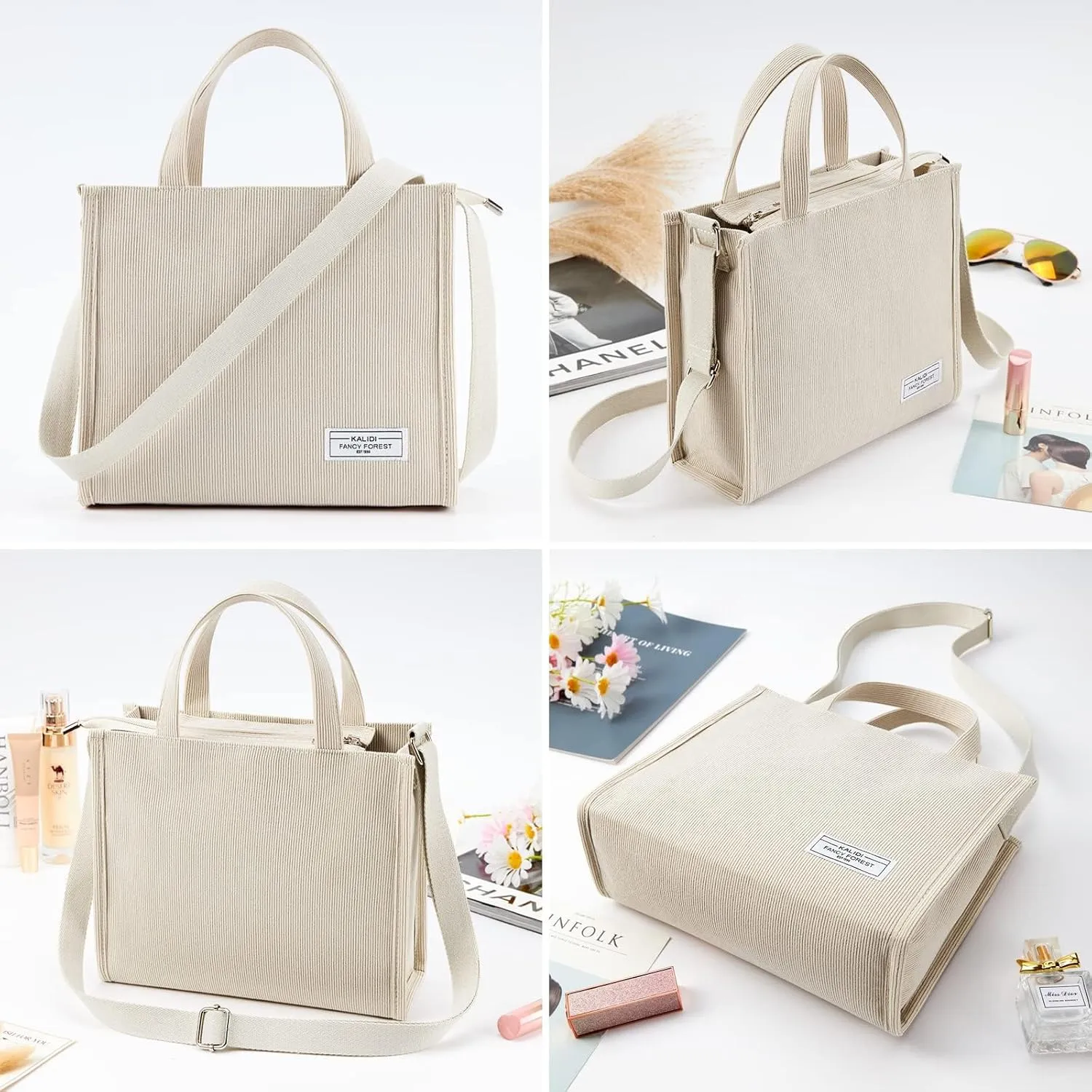 KALIDI Tote Bag for Women Corduroy Crossbody Bag Casual Zipper Tote Fashion Shoulder Handbag Hobo bag with Pockets
