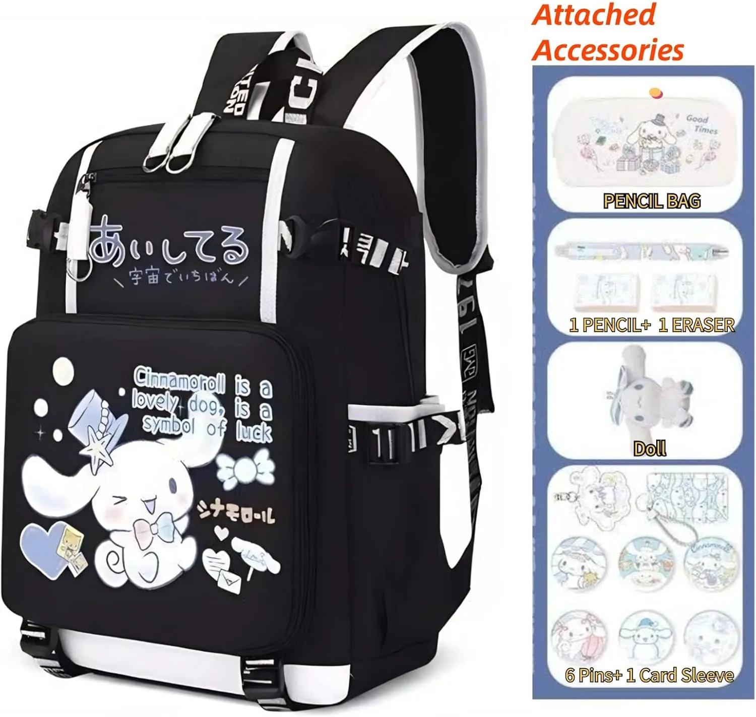 Kawaii Backpack with 12Pcs Accessories Anime Cartoon Anti-Theft Travel Aesthetic New Semester Gifts Bag with Cute Pins
