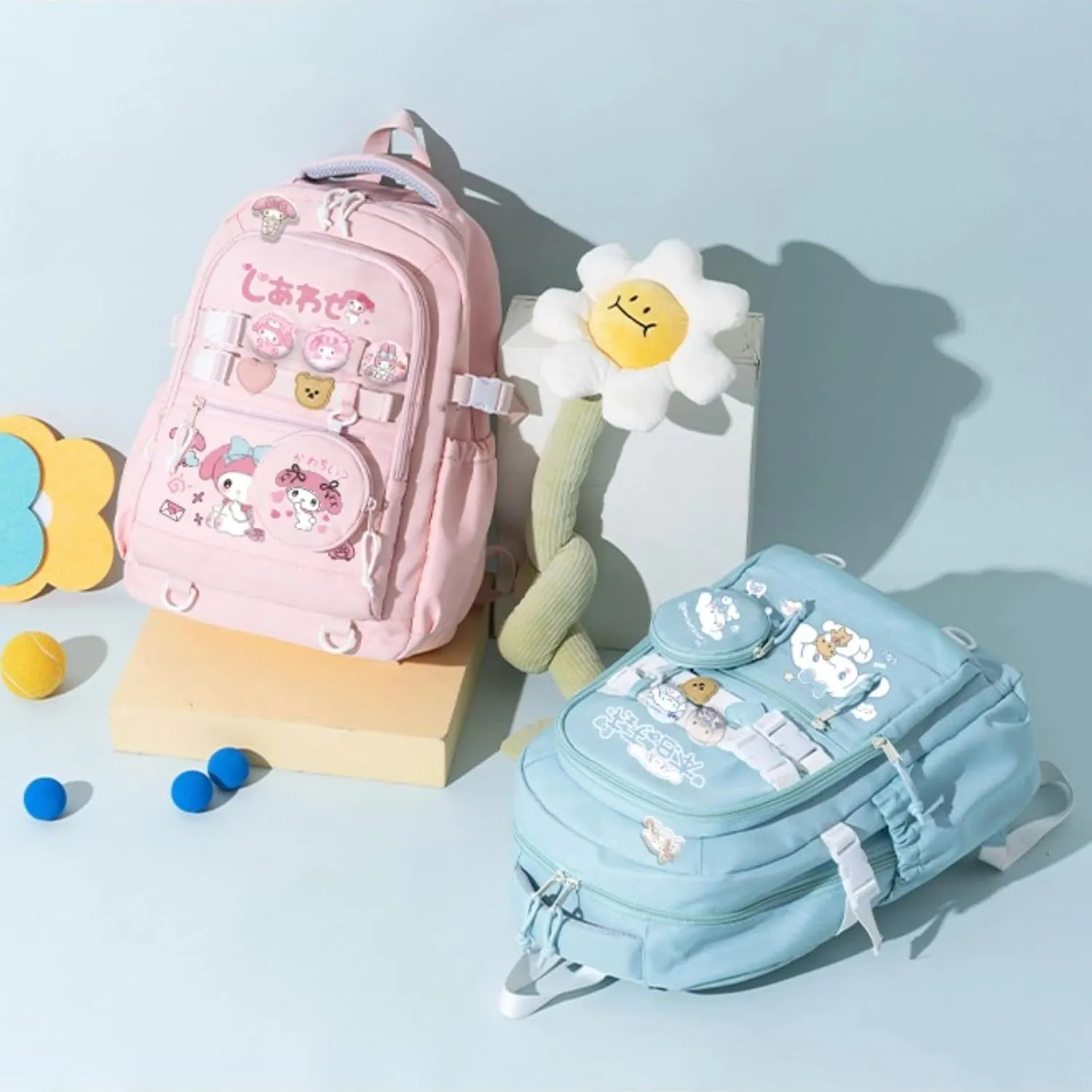 Kawaii Backpack with 21Pcs Accessories &Coin Purse Anime Cartoon Anti-Theft Travel Aesthetic New Semester Gifts Bag