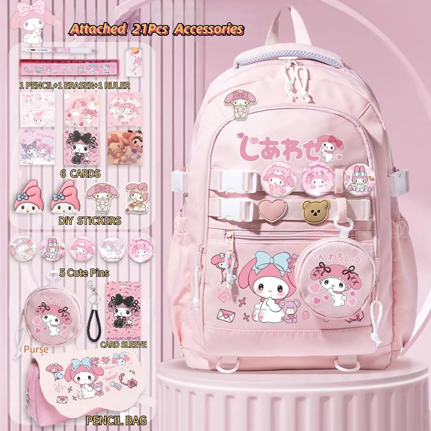 Kawaii Backpack with 21Pcs Accessories &Coin Purse Anime Cartoon Anti-Theft Travel Aesthetic New Semester Gifts Bag