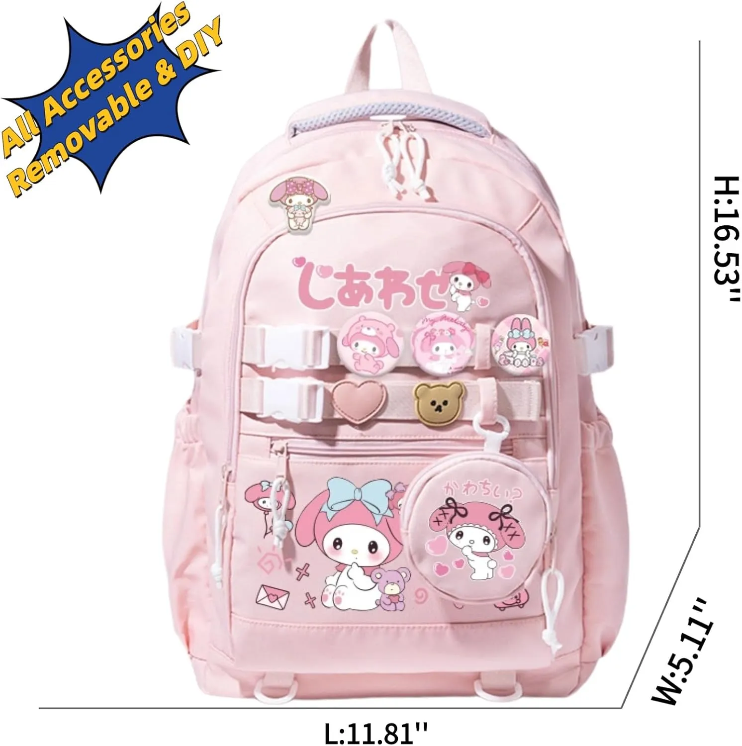 Kawaii Backpack with 21Pcs Accessories &Coin Purse Anime Cartoon Anti-Theft Travel Aesthetic New Semester Gifts Bag