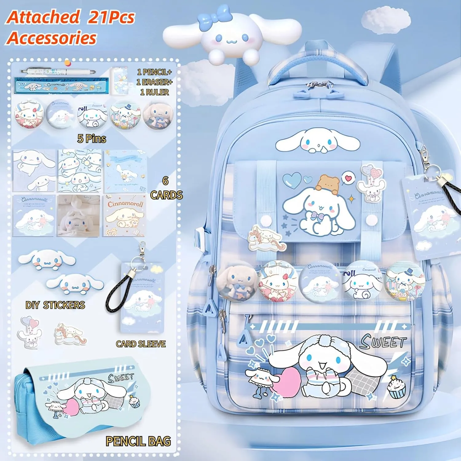 Kawaii Backpack with 21Pcs Accessories Anime Cartoon Anti-Theft Travel Aesthetic New Semester Gifts Bag with Cute Pins…