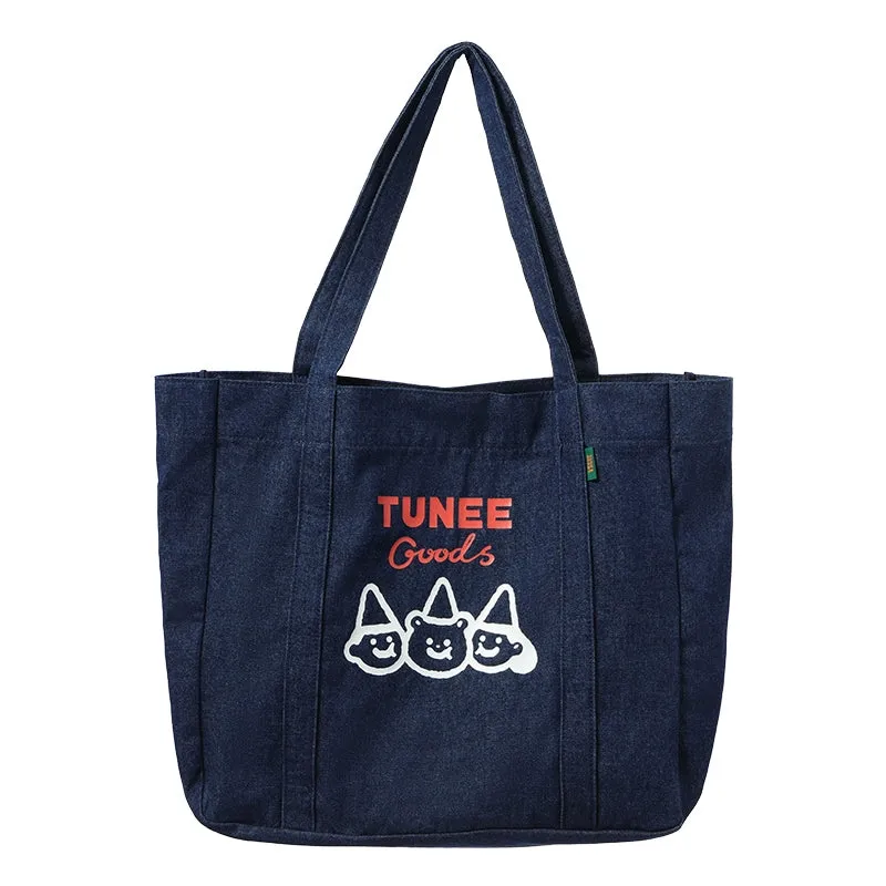 Kawaii Cartoon Bear Print Denim Shoulder Bag