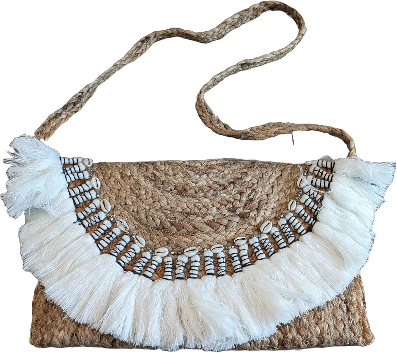 Kayla Jute Handcrafted Crossbody Natural Women Fringe Handbags Summer Boho Bohemian Beach Shoulder Bag Purse Seashell India