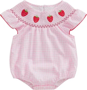 Kayotuas Newborn Baby Girls Smocked Bubble Romper Cute Embroidery Ruffle Gingham Bodysuit Dress Infant Toddler Summer Clothes
