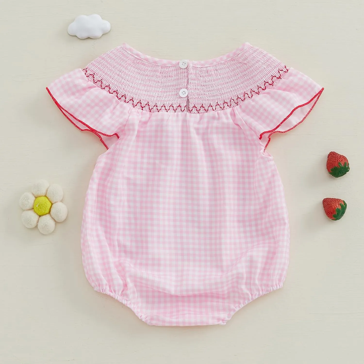 Kayotuas Newborn Baby Girls Smocked Bubble Romper Cute Embroidery Ruffle Gingham Bodysuit Dress Infant Toddler Summer Clothes