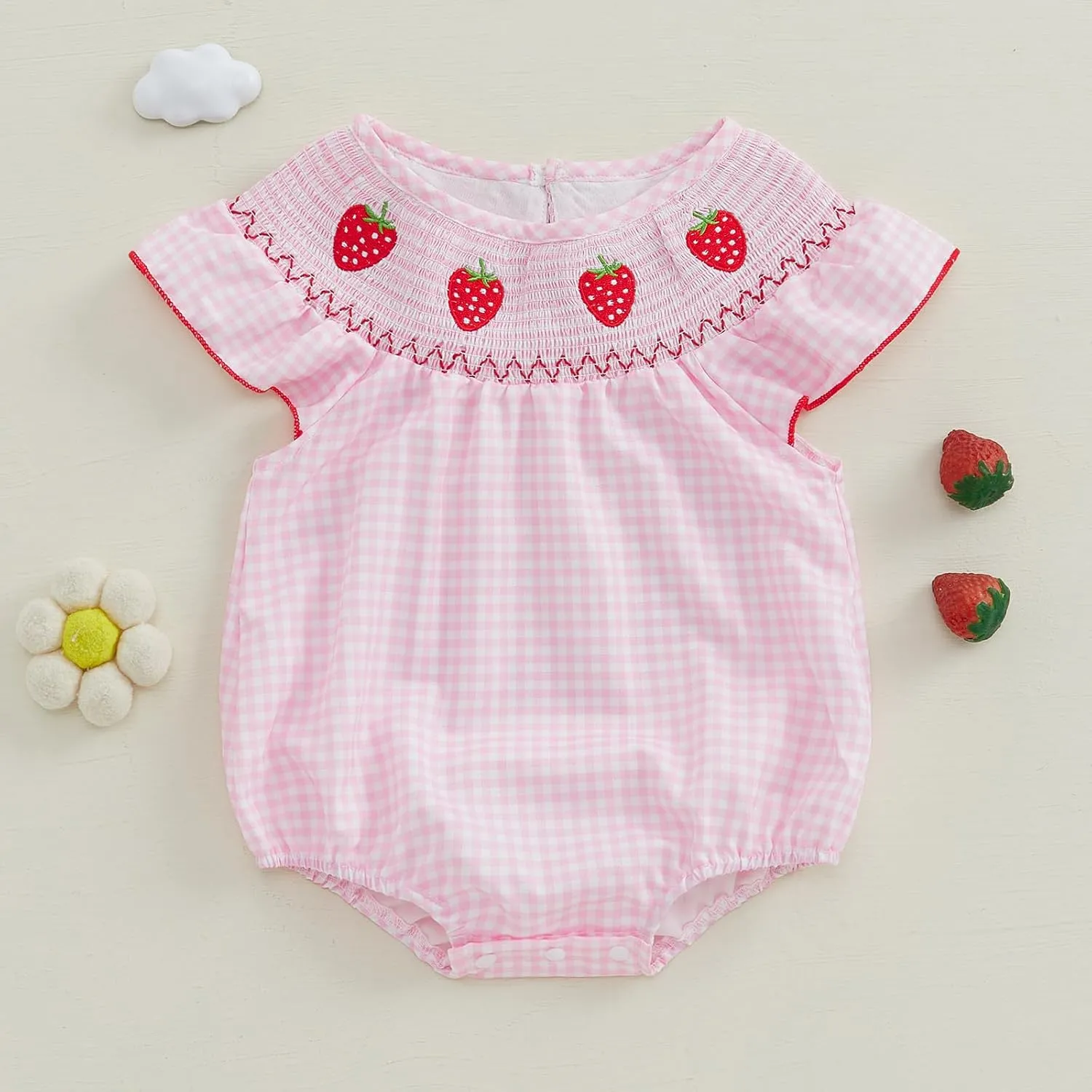 Kayotuas Newborn Baby Girls Smocked Bubble Romper Cute Embroidery Ruffle Gingham Bodysuit Dress Infant Toddler Summer Clothes