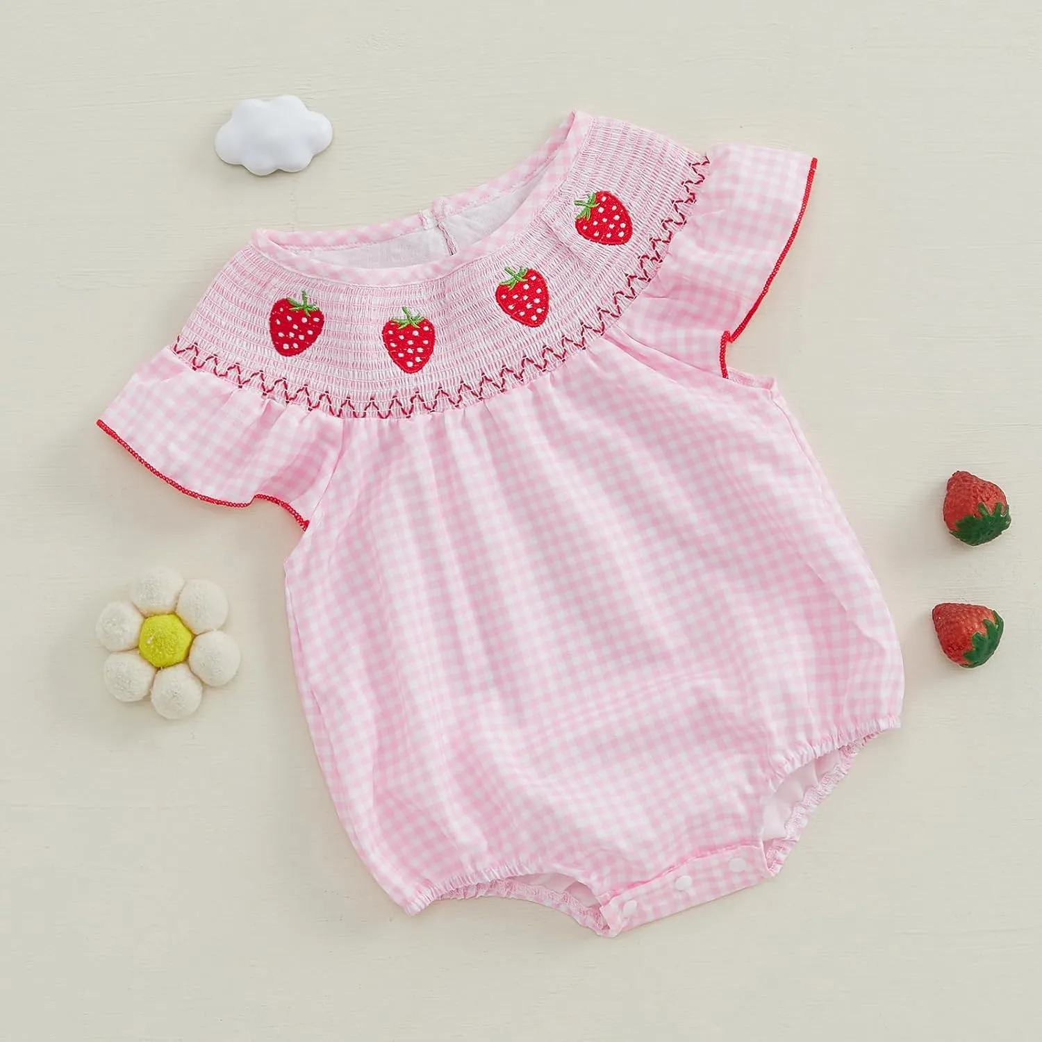 Kayotuas Newborn Baby Girls Smocked Bubble Romper Cute Embroidery Ruffle Gingham Bodysuit Dress Infant Toddler Summer Clothes