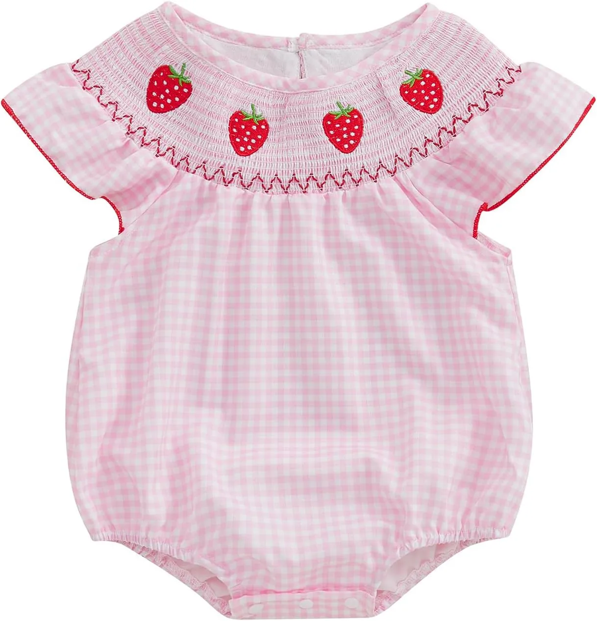 Kayotuas Newborn Baby Girls Smocked Bubble Romper Cute Embroidery Ruffle Gingham Bodysuit Dress Infant Toddler Summer Clothes