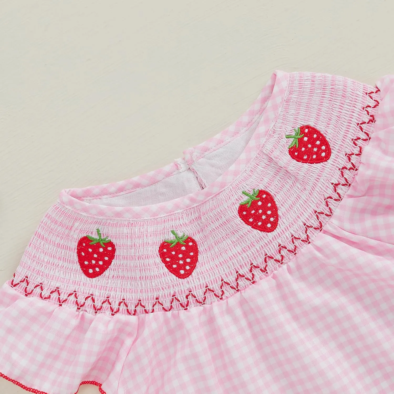 Kayotuas Newborn Baby Girls Smocked Bubble Romper Cute Embroidery Ruffle Gingham Bodysuit Dress Infant Toddler Summer Clothes