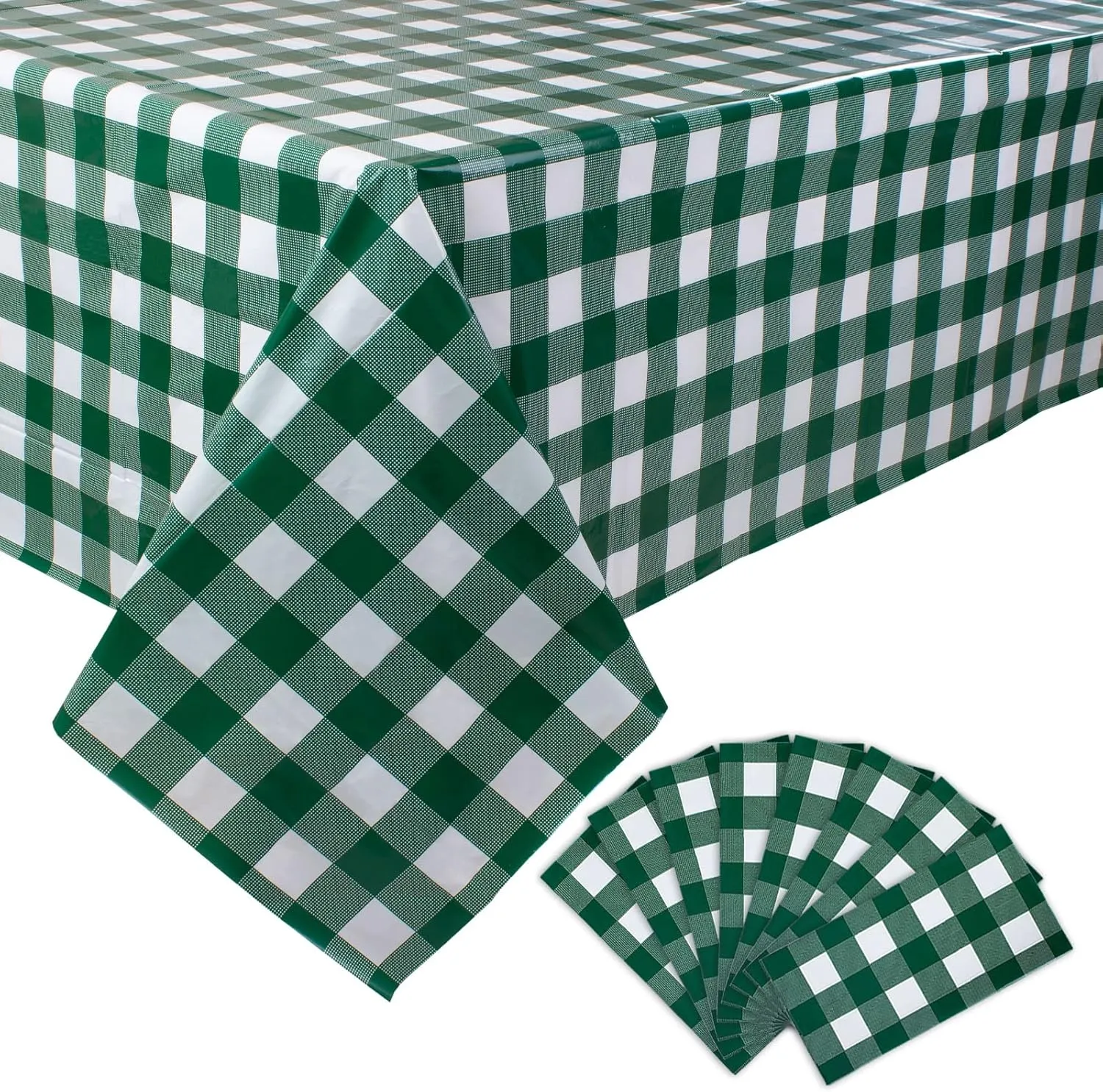 Kesfey 8 Packs Green and White Checkered Tablecovers 54 x 108 Inches Disposable Party Picnic Table Cloth SpillProof Plastic Gingham Tablecovers for Camping Decoration Party Favors