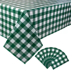 Kesfey 8 Packs Green and White Checkered Tablecovers 54 x 108 Inches Disposable Party Picnic Table Cloth SpillProof Plastic Gingham Tablecovers for Camping Decoration Party Favors
