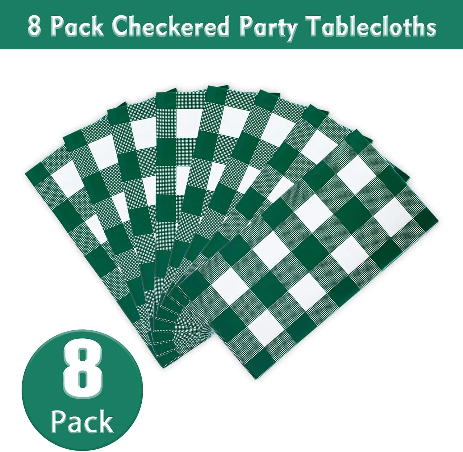 Kesfey 8 Packs Green and White Checkered Tablecovers 54 x 108 Inches Disposable Party Picnic Table Cloth SpillProof Plastic Gingham Tablecovers for Camping Decoration Party Favors