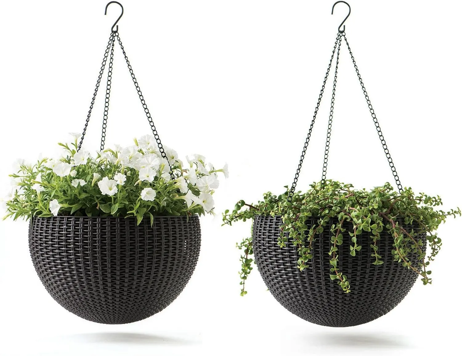 Keter Resin Rattan Set of 2 Round Hanging Planter Baskets for Indoor and Outdoor Plants-Perfect for Porches and Patio Decor, Graphite