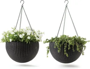 Keter Resin Rattan Set of 2 Round Hanging Planter Baskets for Indoor and Outdoor Plants-Perfect for Porches and Patio Decor, Graphite