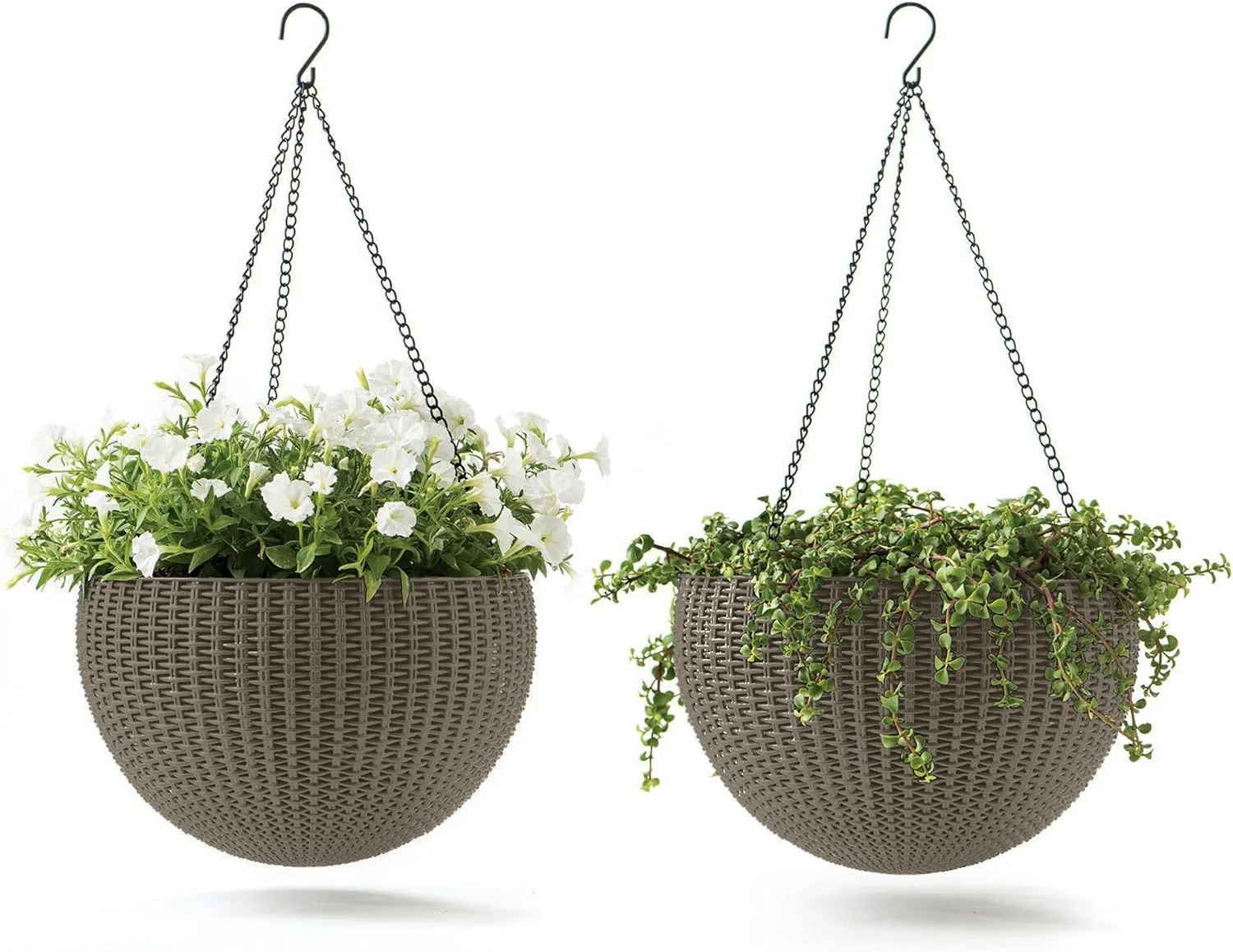 Keter Resin Rattan Set of 2 Round Hanging Planter Baskets for Indoor and Outdoor Plants-Perfect for Porches and Patio Decor, Taupe