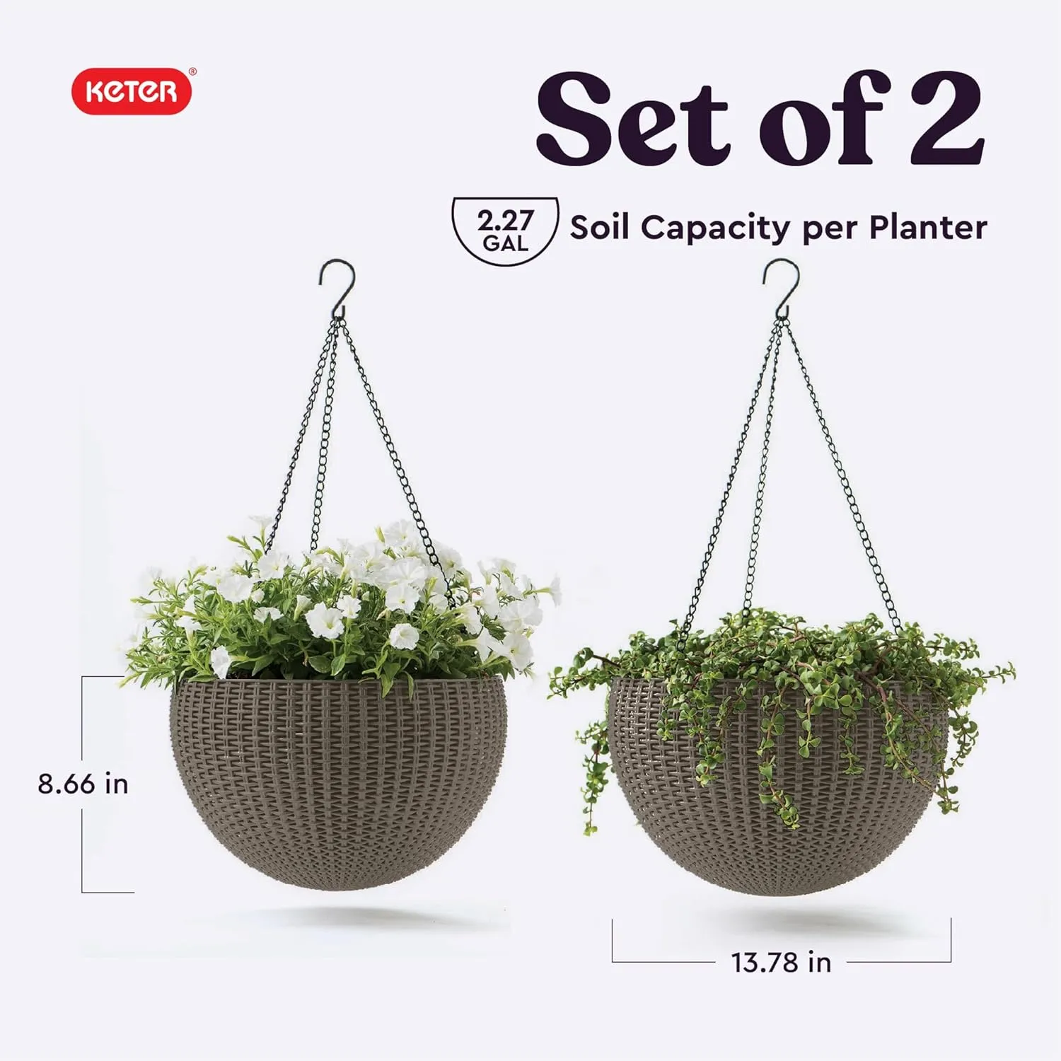 Keter Resin Rattan Set of 2 Round Hanging Planter Baskets for Indoor and Outdoor Plants-Perfect for Porches and Patio Decor, Taupe