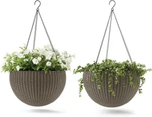 Keter Resin Rattan Set of 2 Round Hanging Planter Baskets for Indoor and Outdoor Plants-Perfect for Porches and Patio Decor, Taupe