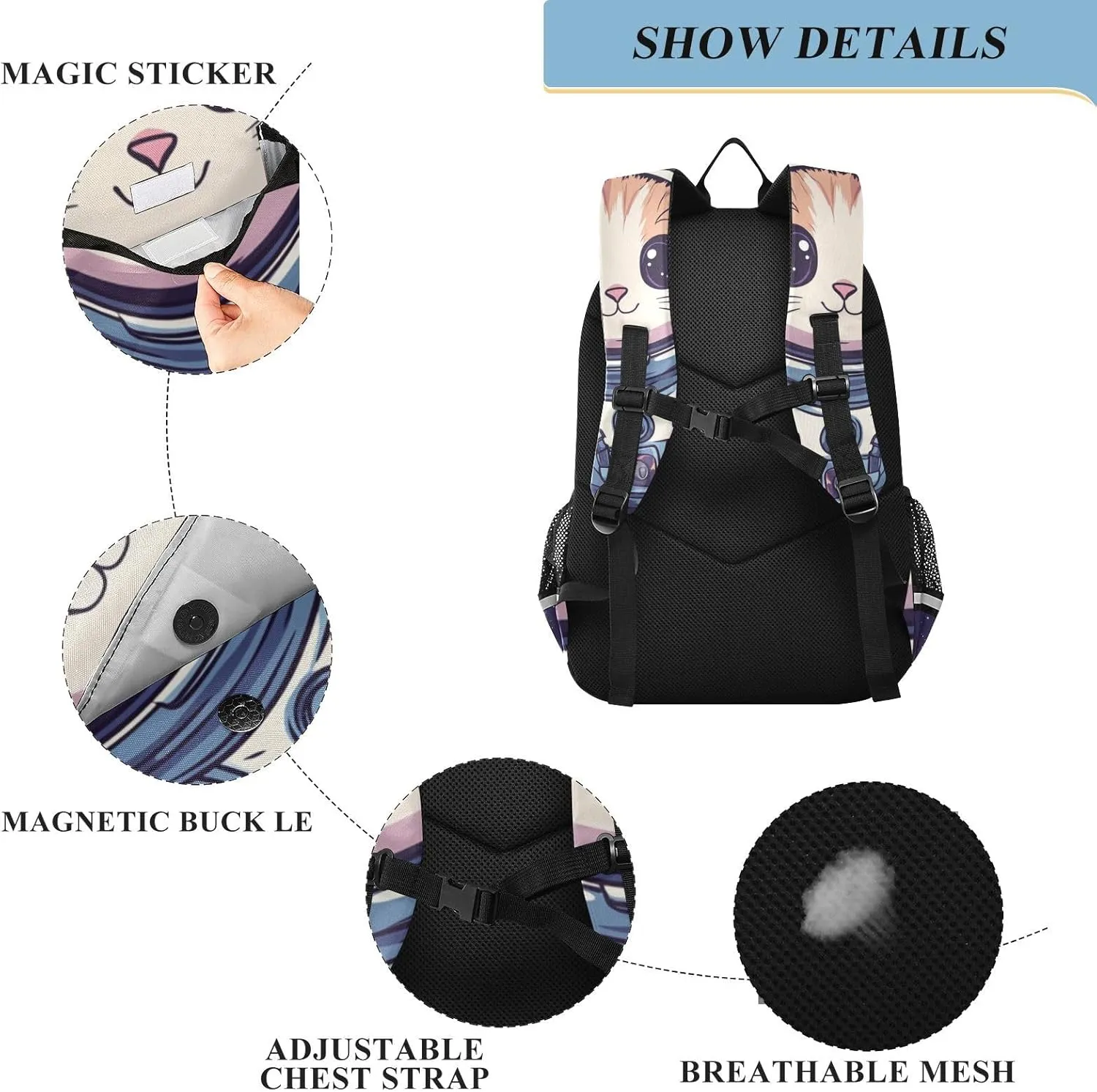 Kids Backpacks for Girls Boys Teens Elementary School Backpack Bookbag for Outdoor Travel Cartoon Cat Astronaut Black