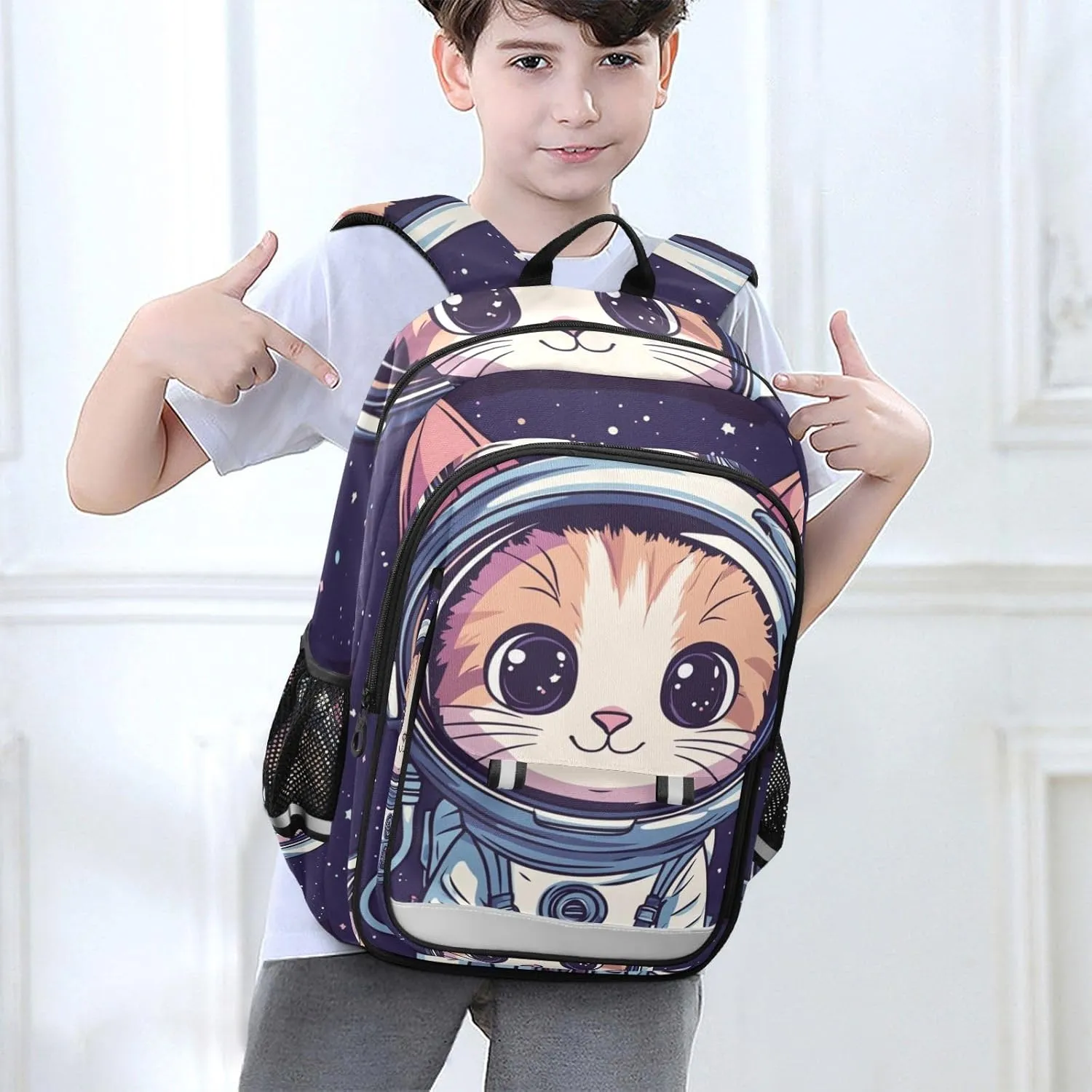 Kids Backpacks for Girls Boys Teens Elementary School Backpack Bookbag for Outdoor Travel Cartoon Cat Astronaut Black