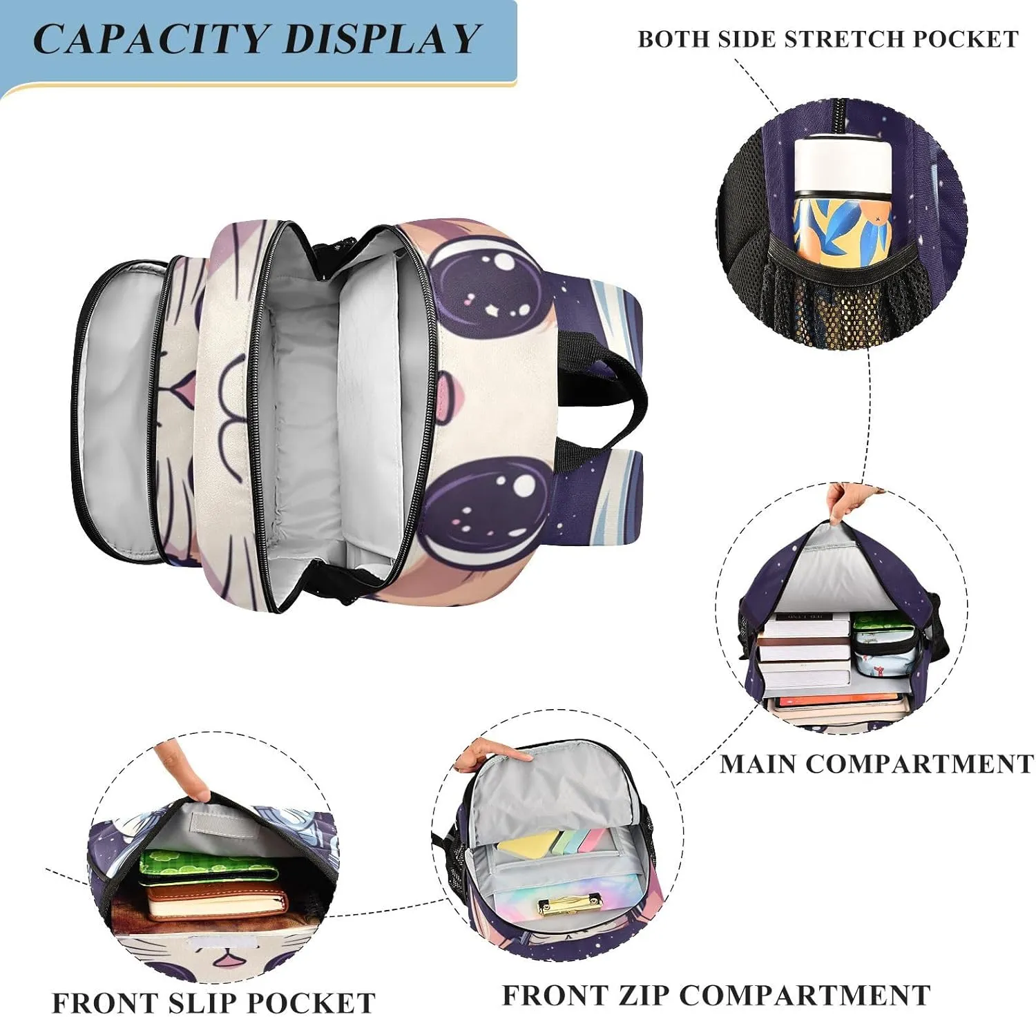 Kids Backpacks for Girls Boys Teens Elementary School Backpack Bookbag for Outdoor Travel Cartoon Cat Astronaut Black