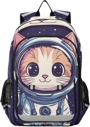 Kids Backpacks for Girls Boys Teens Elementary School Backpack Bookbag for Outdoor Travel Cartoon Cat Astronaut Black