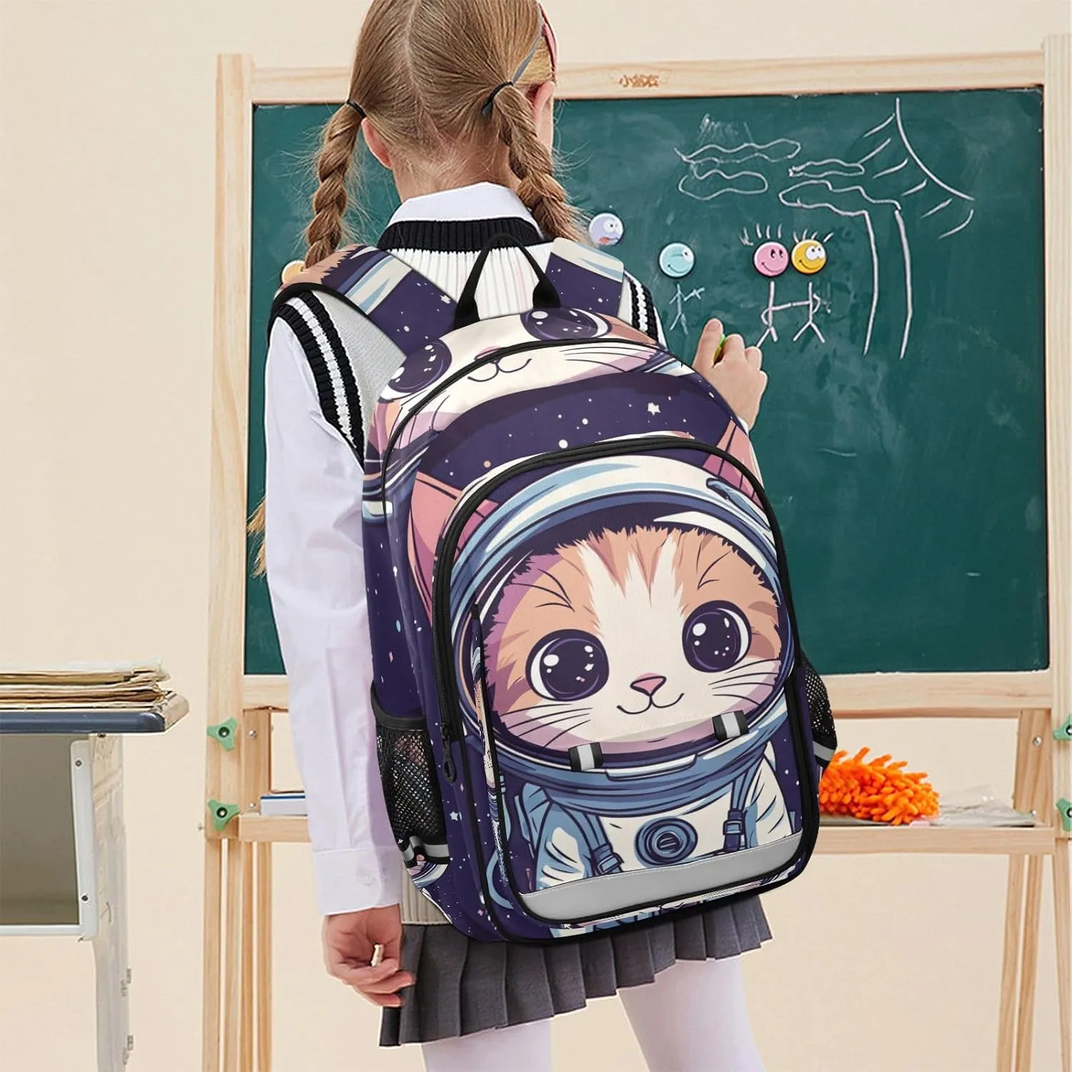 Kids Backpacks for Girls Boys Teens Elementary School Backpack Bookbag for Outdoor Travel Cartoon Cat Astronaut Black