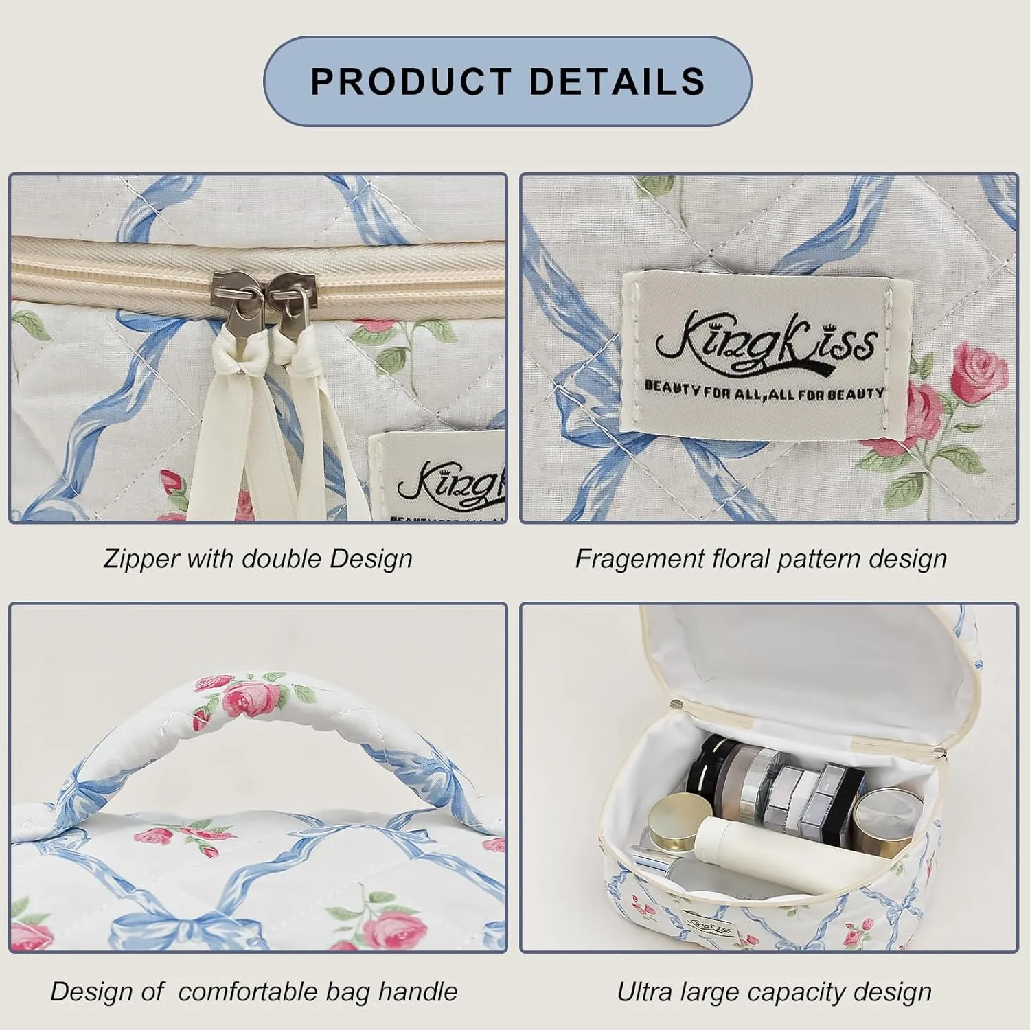 kingkiss Makeup Bag, Quilted Cosmetic Bag, Large Capacity Make Up Bag for Women, Cute Floral Storage Toiletry Bag Travel Storage Makeup Bag(Blue)