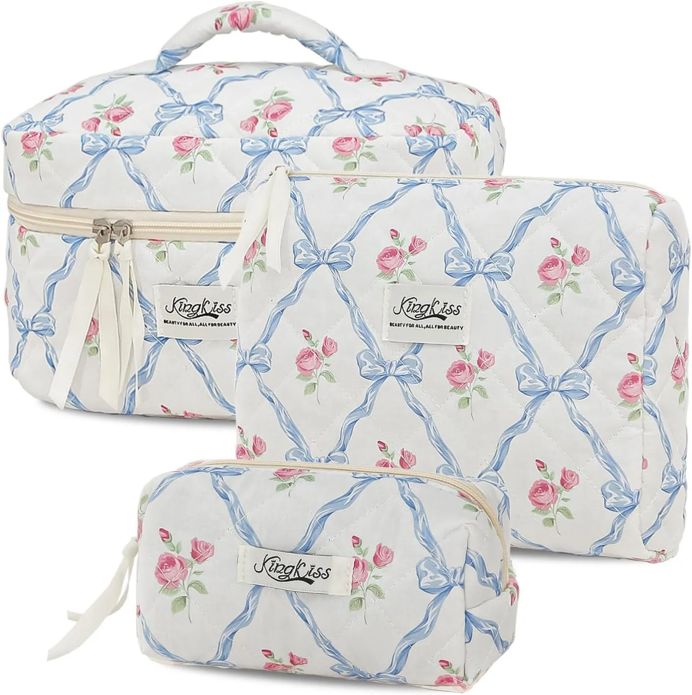 kingkiss Makeup Bag, Quilted Cosmetic Bag, Large Capacity Make Up Bag for Women, Cute Floral Storage Toiletry Bag Travel Storage Makeup Bag(Blue)