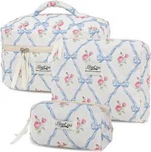 kingkiss Makeup Bag, Quilted Cosmetic Bag, Large Capacity Make Up Bag for Women, Cute Floral Storage Toiletry Bag Travel Storage Makeup Bag(Blue)