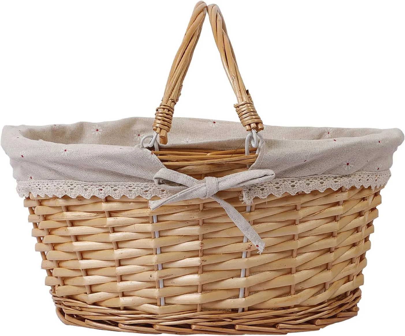 KINJOEK 2 Packs Wicker Woven Basket, 13" x 9" x 4.8" Multipurpose Natural Willow Basket with Handle Premium Linen Cotton Cloth Lining for Storage and Decoration, Natural
