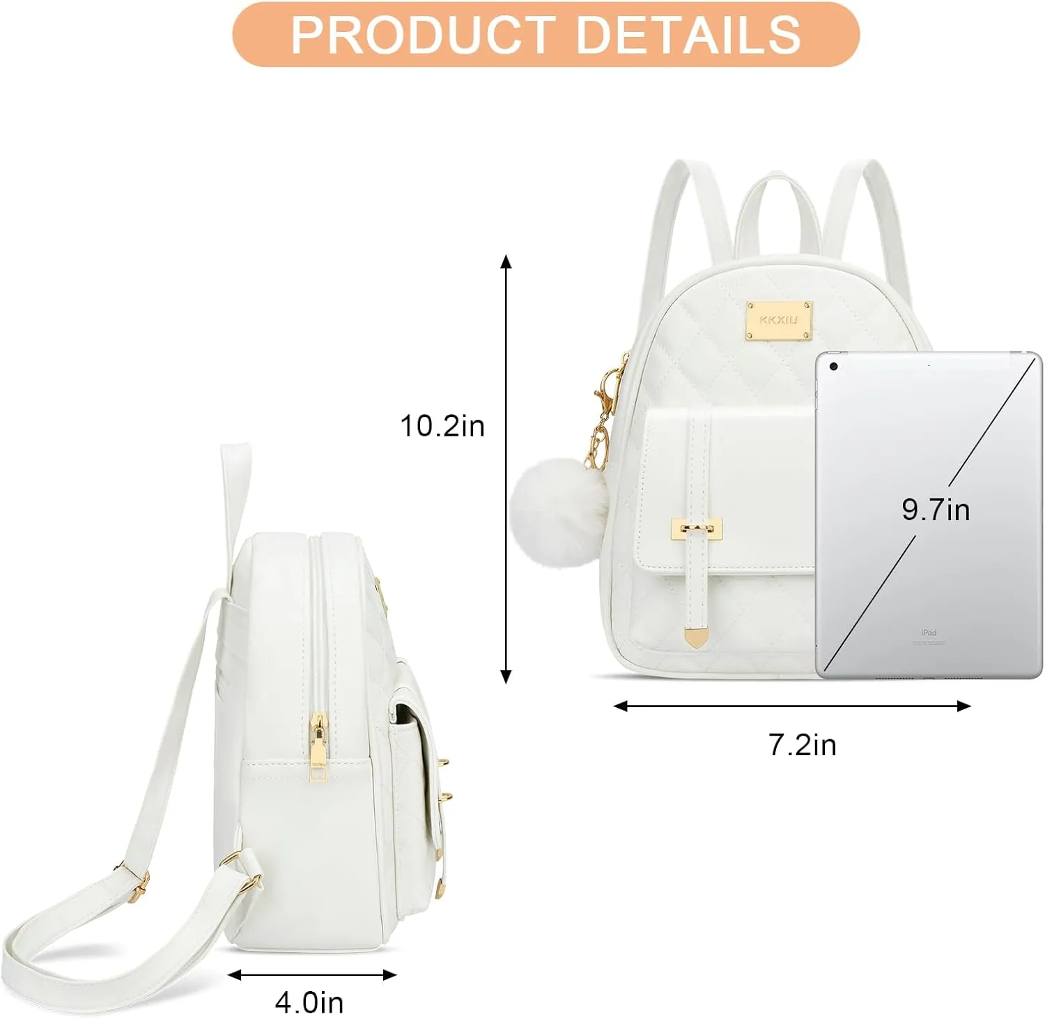 KKXIU Girls Small Backpack Purse Vegan Leather Quilted Mini Daypack for Women Trendy Bookbag (White)