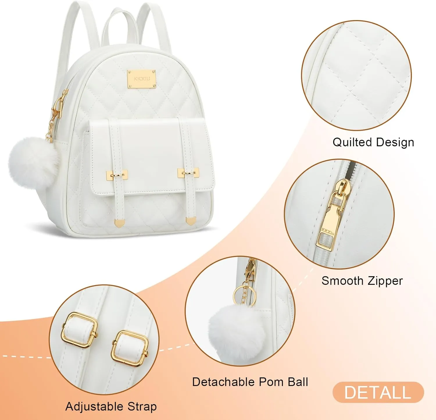 KKXIU Girls Small Backpack Purse Vegan Leather Quilted Mini Daypack for Women Trendy Bookbag (White)