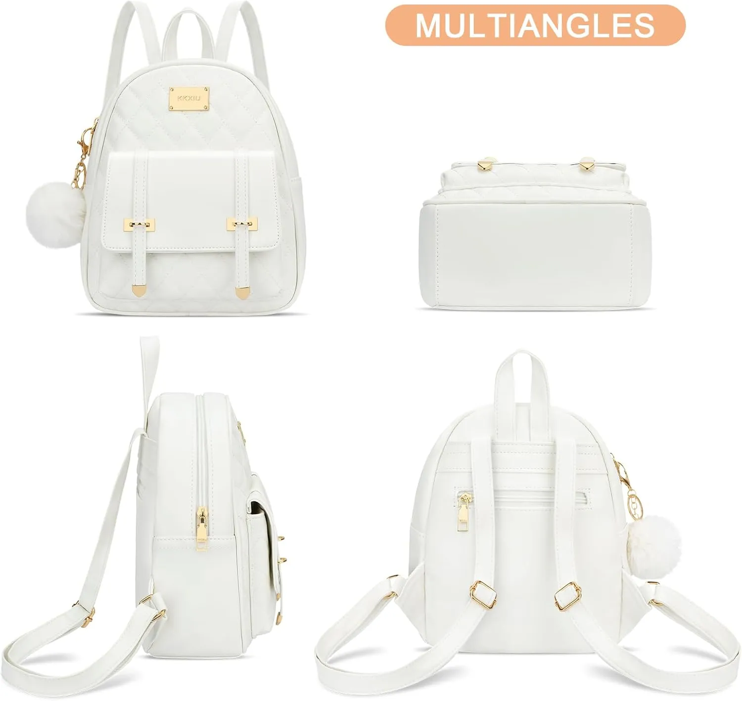 KKXIU Girls Small Backpack Purse Vegan Leather Quilted Mini Daypack for Women Trendy Bookbag (White)