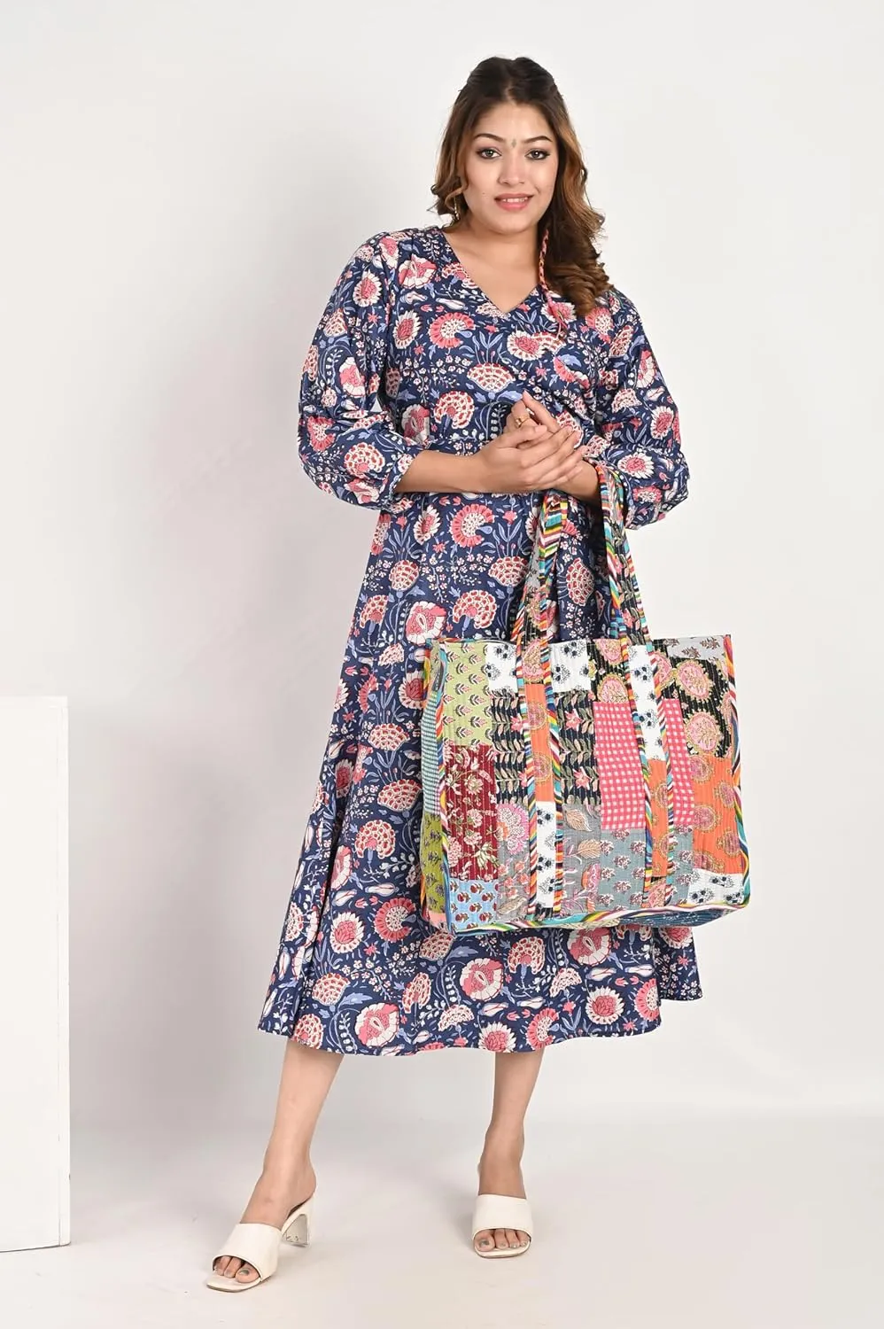 KLAVATE Women Handblock Lightweight Travel Bag Purse Cotton Shoulder Tote Bag For Shopping Grocery & Beach Bag Gift For Her