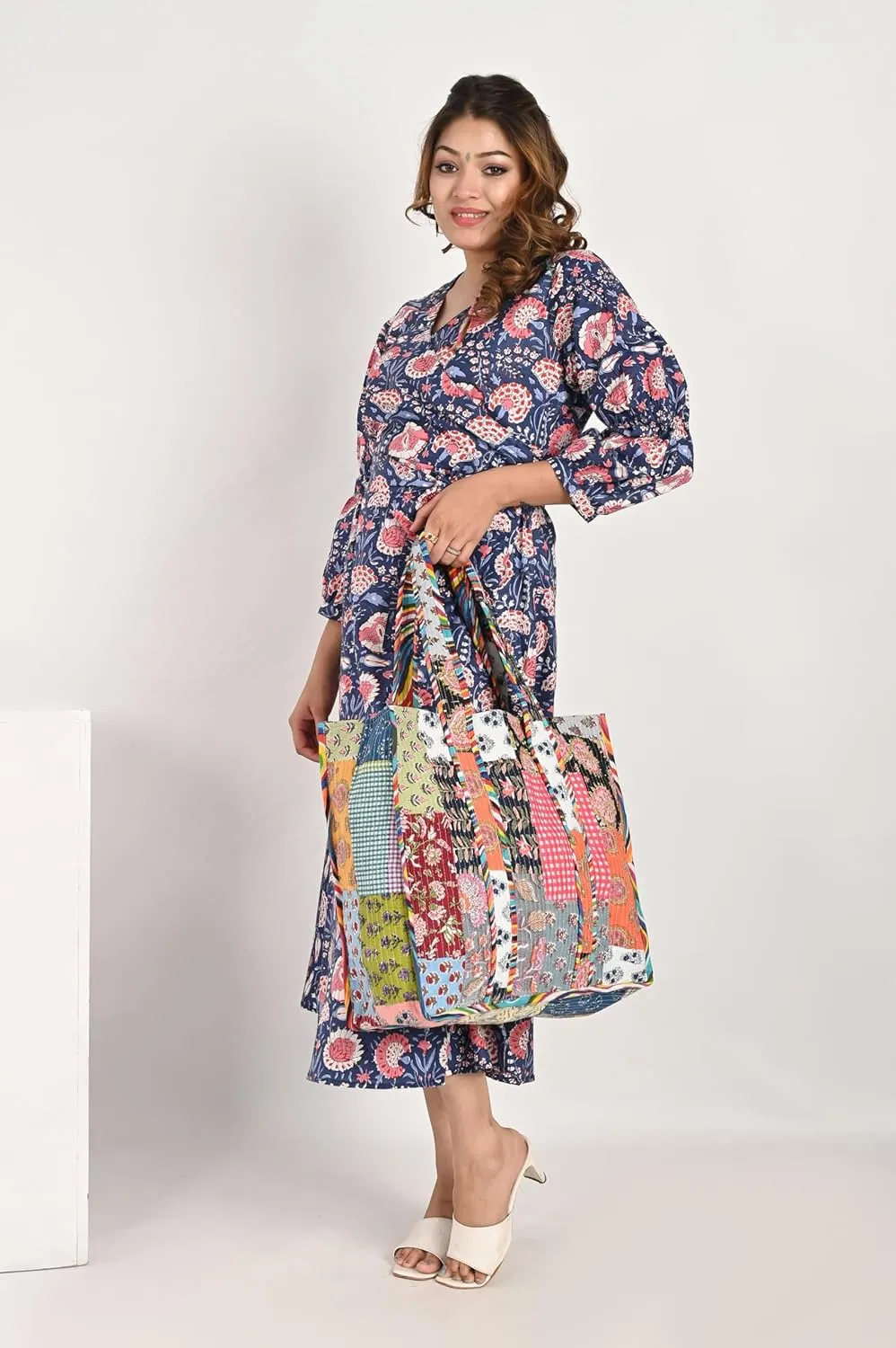 KLAVATE Women Handblock Lightweight Travel Bag Purse Cotton Shoulder Tote Bag For Shopping Grocery & Beach Bag Gift For Her
