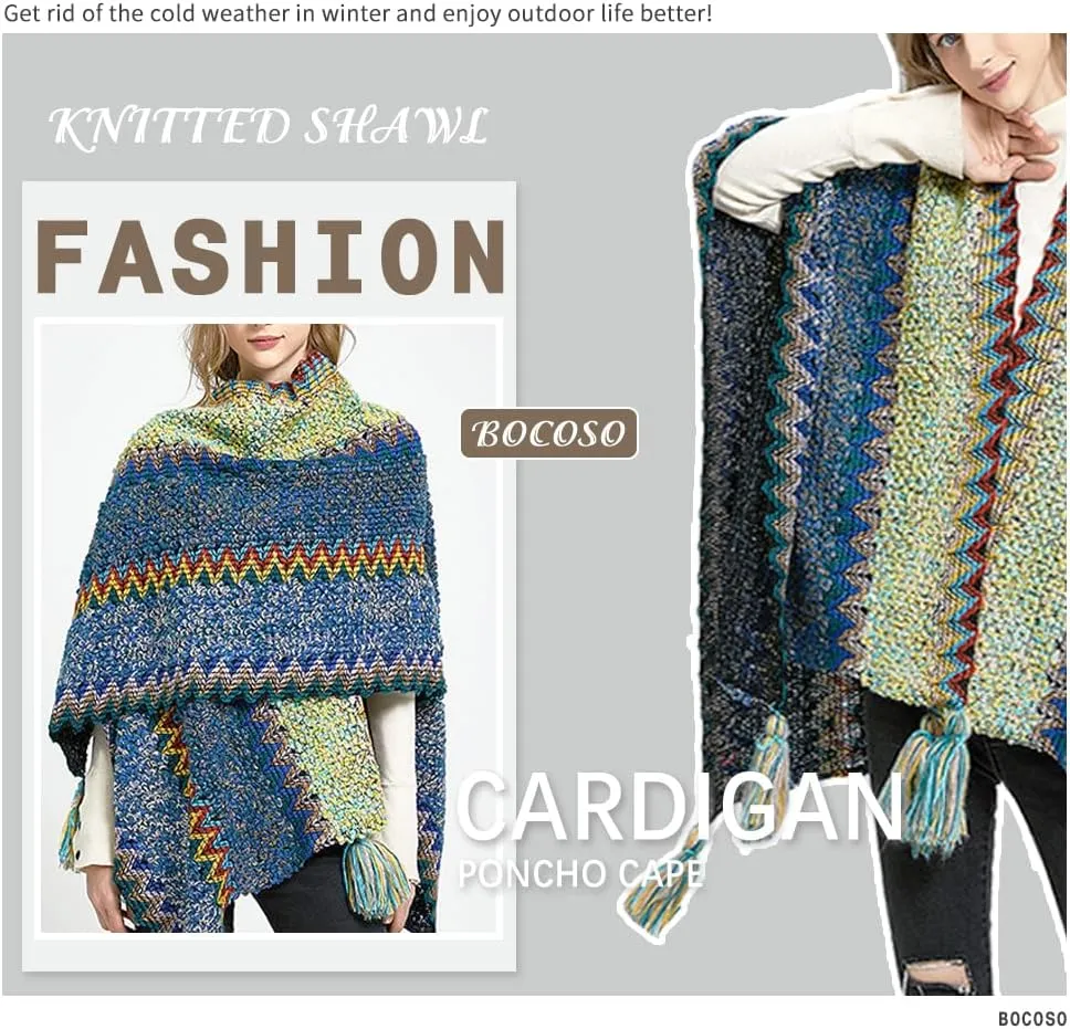 Knit Shawl Wrap Poncho Cape for Women, Ladies Knitted Cardigan Kimono with Fringe for Fall Winter