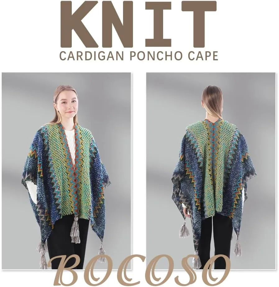 Knit Shawl Wrap Poncho Cape for Women, Ladies Knitted Cardigan Kimono with Fringe for Fall Winter