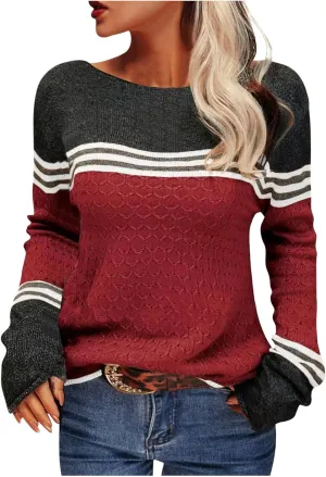Knit Sweaters for Women Fall Winter Colorblock Pullovers Long Sleeve Crewneck Slim Fit Sweater Tops Trendy 2024