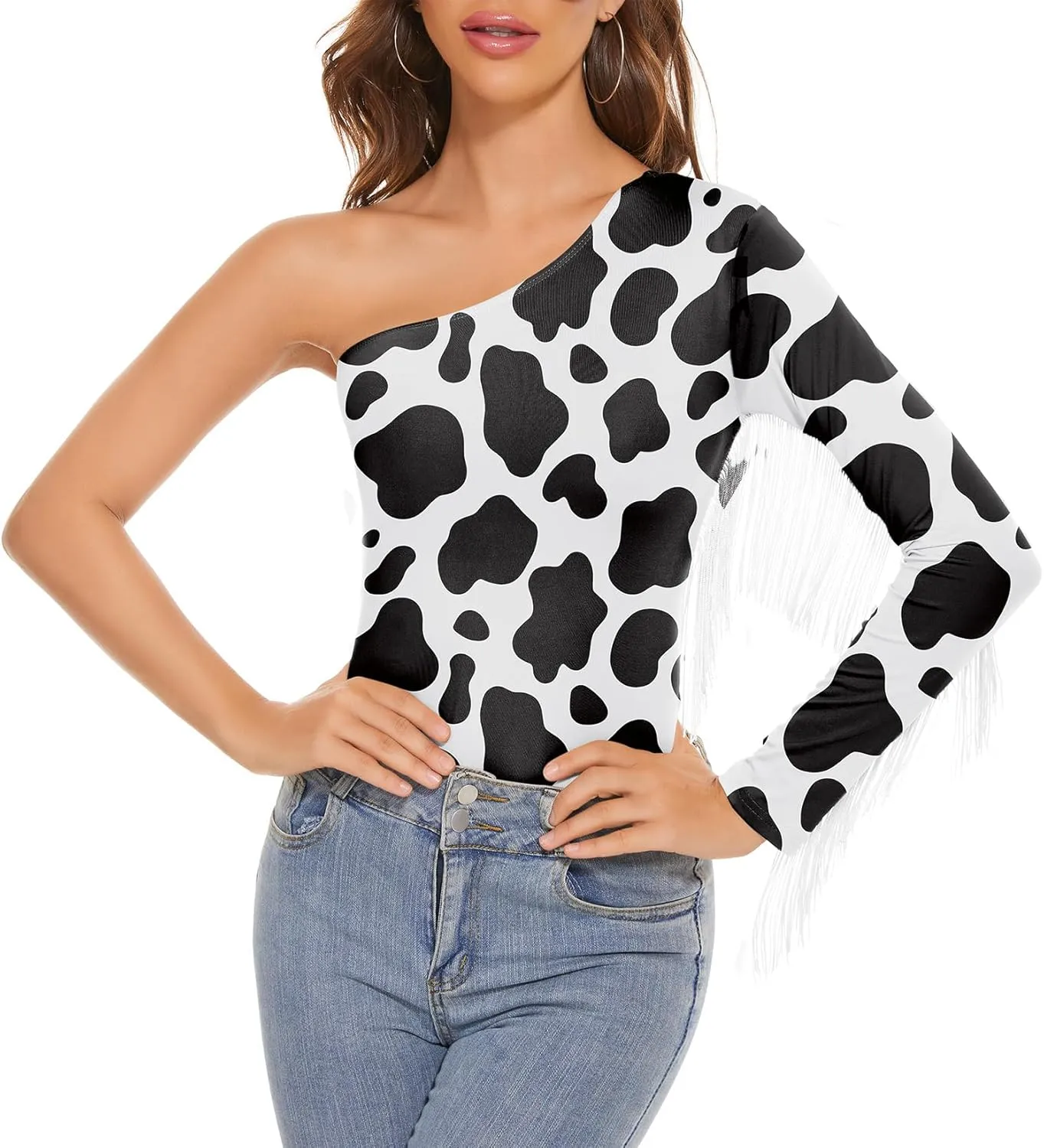 Komorebi Women's Fringe Trim One Shoulder Long Sleeve Bodysuit Top Cowgirl Outfits Disco Outfit Bodycon Leotard Fitted Top