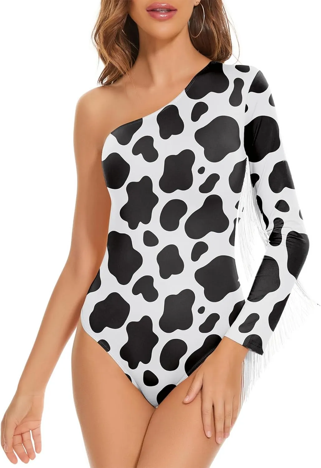 Komorebi Women's Fringe Trim One Shoulder Long Sleeve Bodysuit Top Cowgirl Outfits Disco Outfit Bodycon Leotard Fitted Top