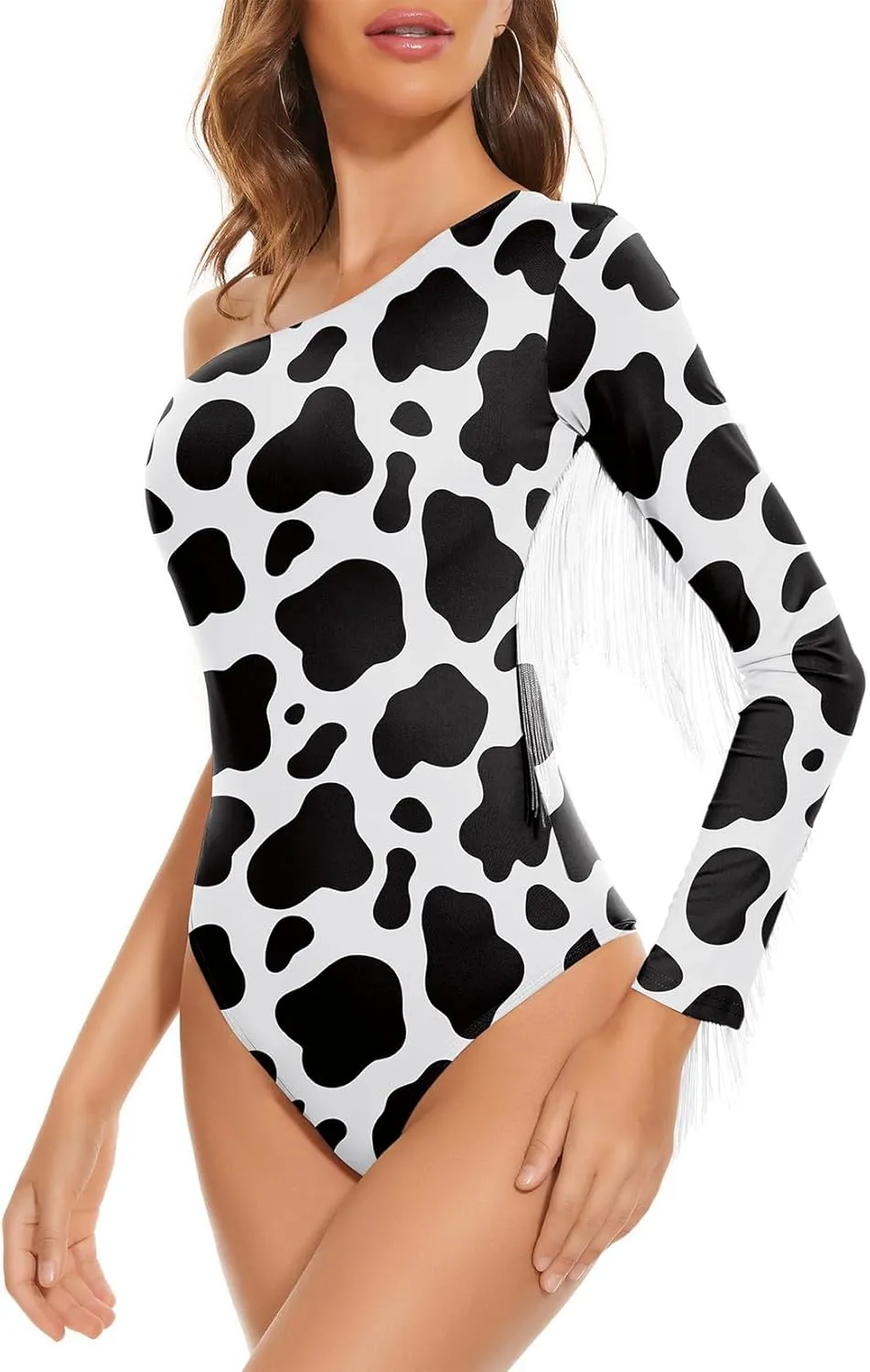 Komorebi Women's Fringe Trim One Shoulder Long Sleeve Bodysuit Top Cowgirl Outfits Disco Outfit Bodycon Leotard Fitted Top