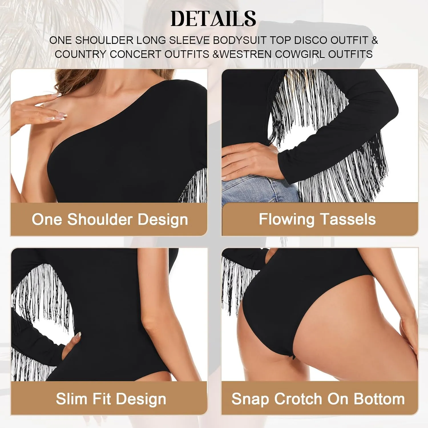 Komorebi Women's Fringe Trim One Shoulder Long Sleeve Bodysuit Top Cowgirl Outfits Disco Outfit Bodycon Leotard Fitted Top
