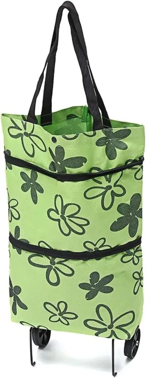 KouRy Shopping Cart Folding Shopping Cart with 2 Wheels Oxford Cloth Shopping Trolley Laundry Cart Tug Car for Shopping, Picnic, Home Storage Grocery Cart (Green)