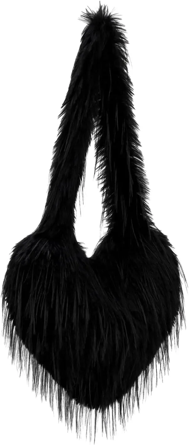 KUANG! Large Tote Bag for Women Faux fur Fuzzy Heart Shaped Purse Soft Shoulder Bag Fluffy Plush Trendy Girls Handbag