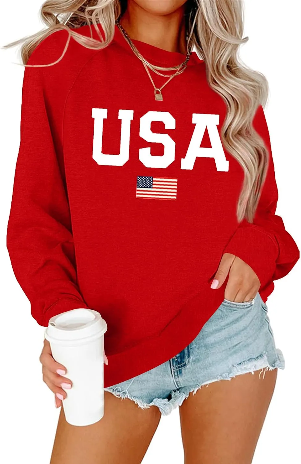 Lacozy Womens USA Sweatshirt American Flag Oversized Graph Letter Pullover Crewneck Long Sleeve Loose Fit Tees Clothes