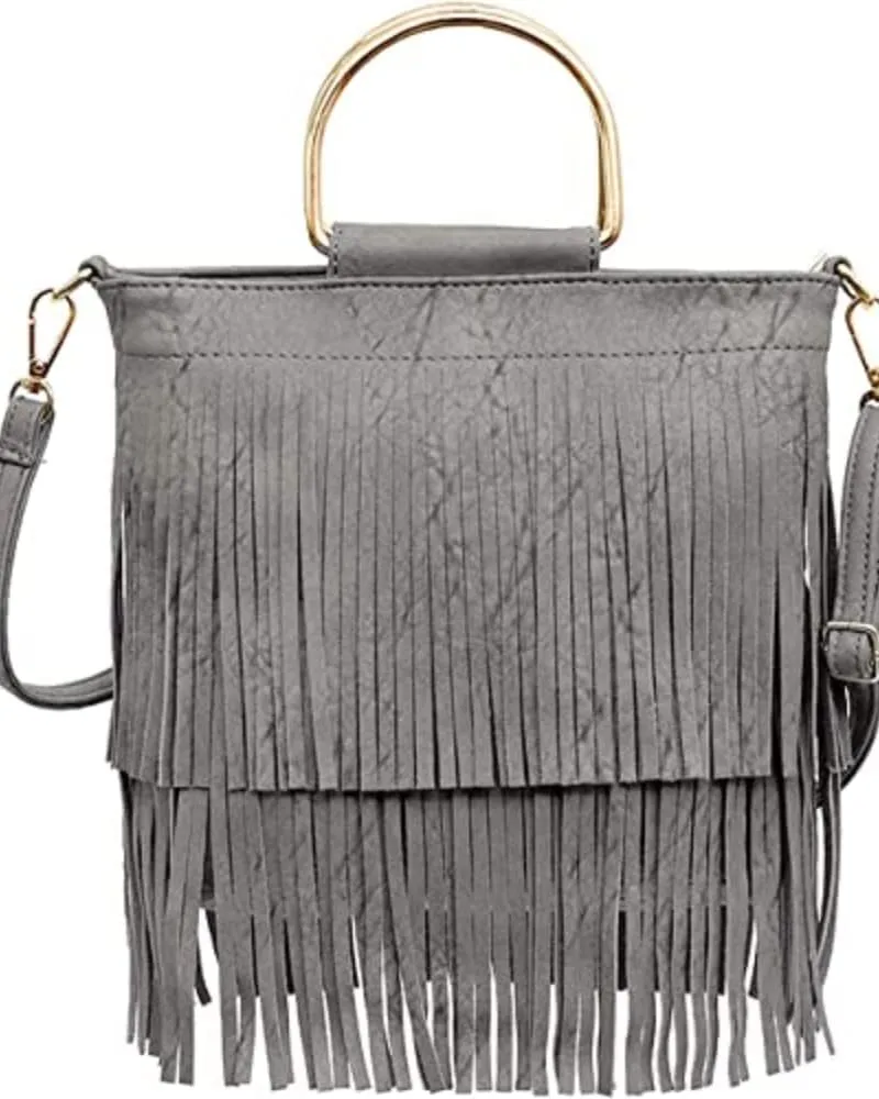 Ladies Fringe Crossbody Bag Leather Shoulder Bag Hobo Tote Bag (grey)