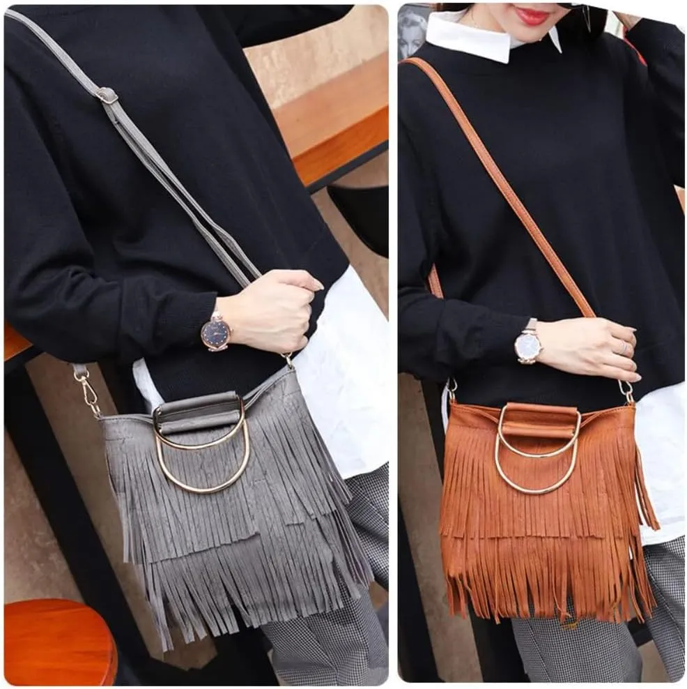 Ladies Fringe Crossbody Bag Leather Shoulder Bag Hobo Tote Bag (grey)