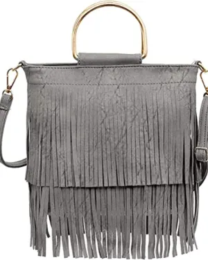 Ladies Fringe Crossbody Bag Leather Shoulder Bag Hobo Tote Bag (grey)