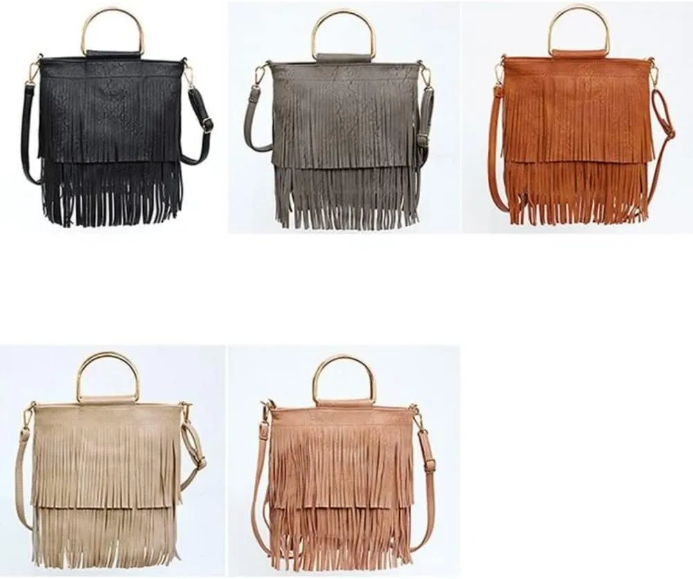 Ladies Fringe Crossbody Bag Leather Shoulder Bag Hobo Tote Bag (grey)